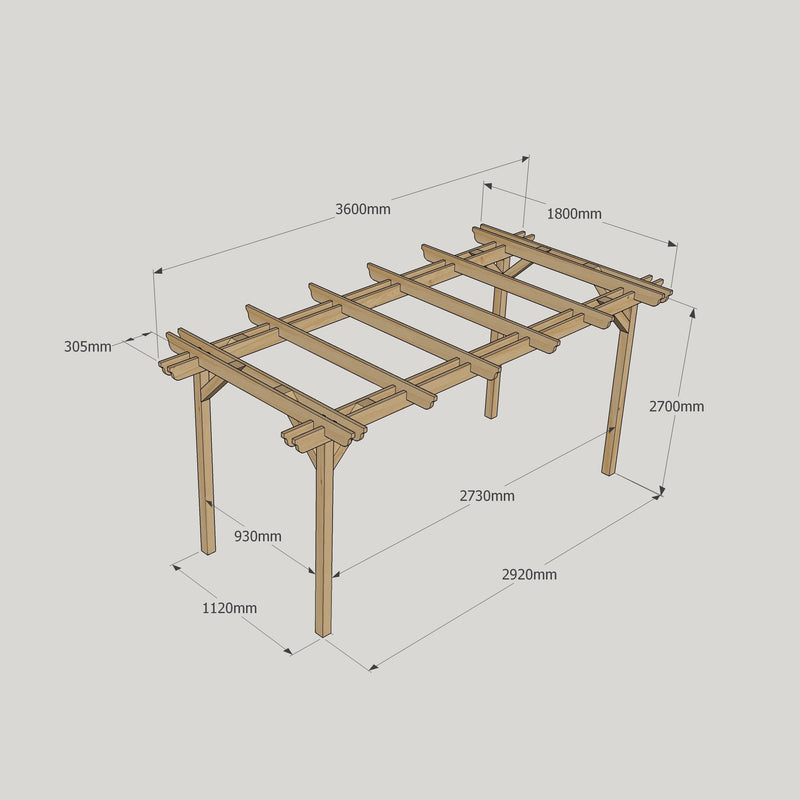 Freestanding Double Garden Pergola - Rustic Brown - 1.8m Width x 3.6m Length