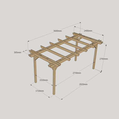 Freestanding Double Garden Pergola - Rustic Brown - 2.4m Width x 3.6m Length