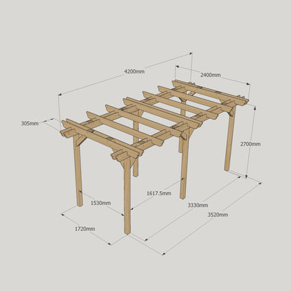 Freestanding Double Garden Pergola - Rustic Brown - 2.4m Width x 4.2m Length