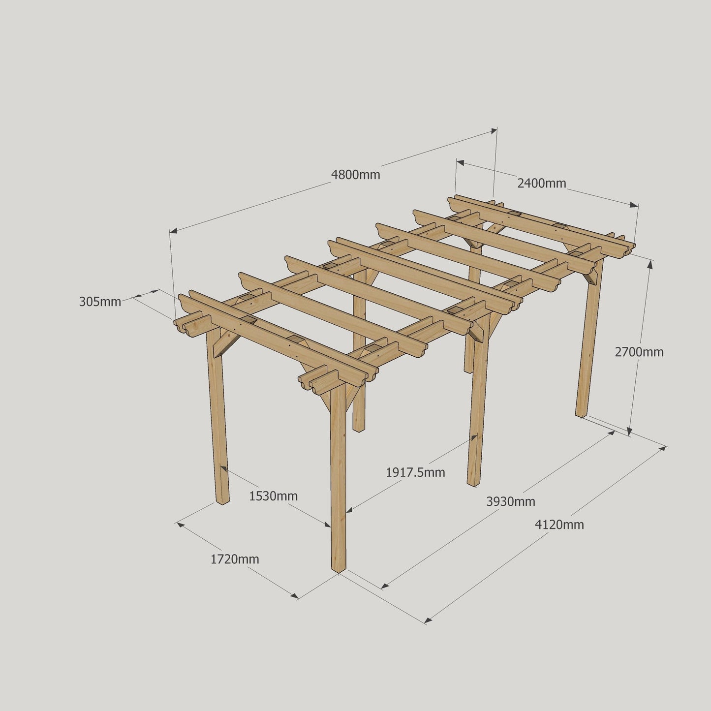 Freestanding Double Garden Pergola - Rustic Brown - 2.4m Width x 4.8m Length