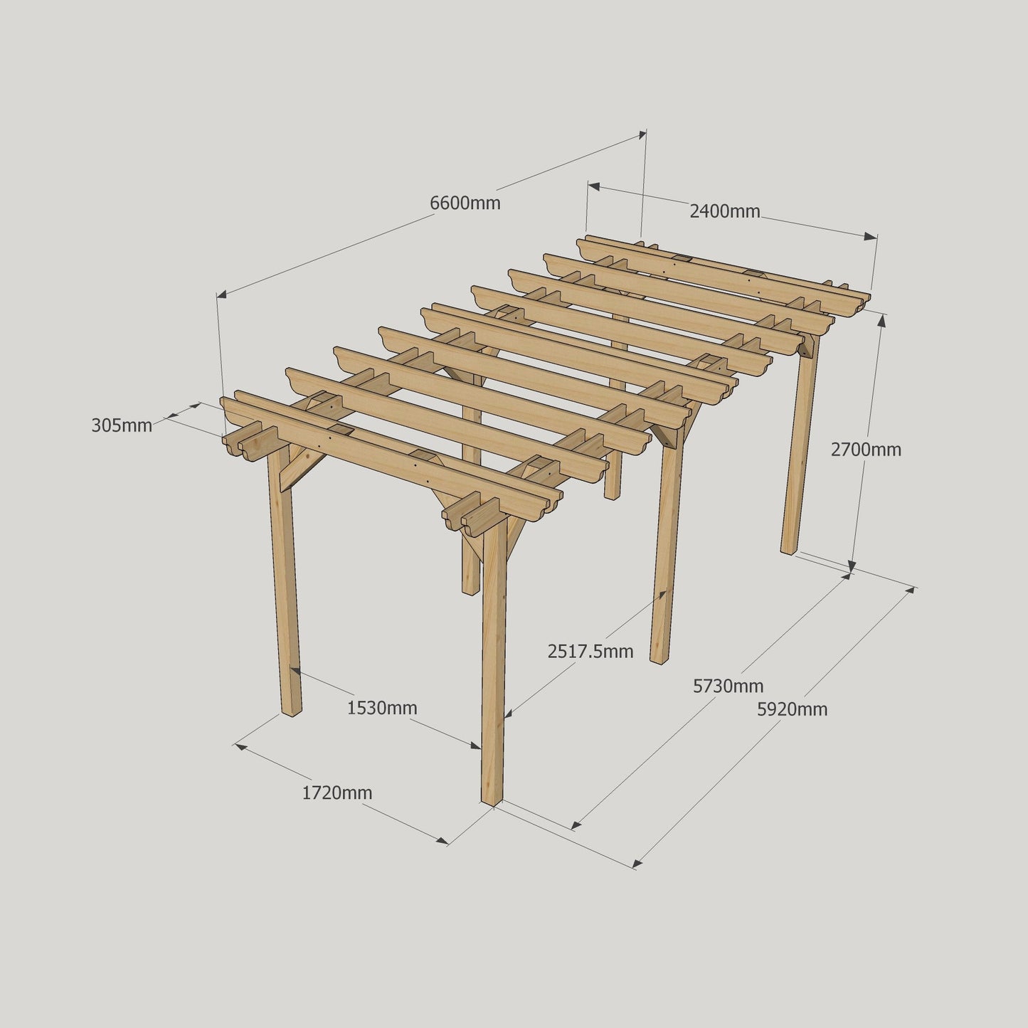 Freestanding Double Garden Pergola - Rustic Brown - 2.4m Width x 6.6m Length