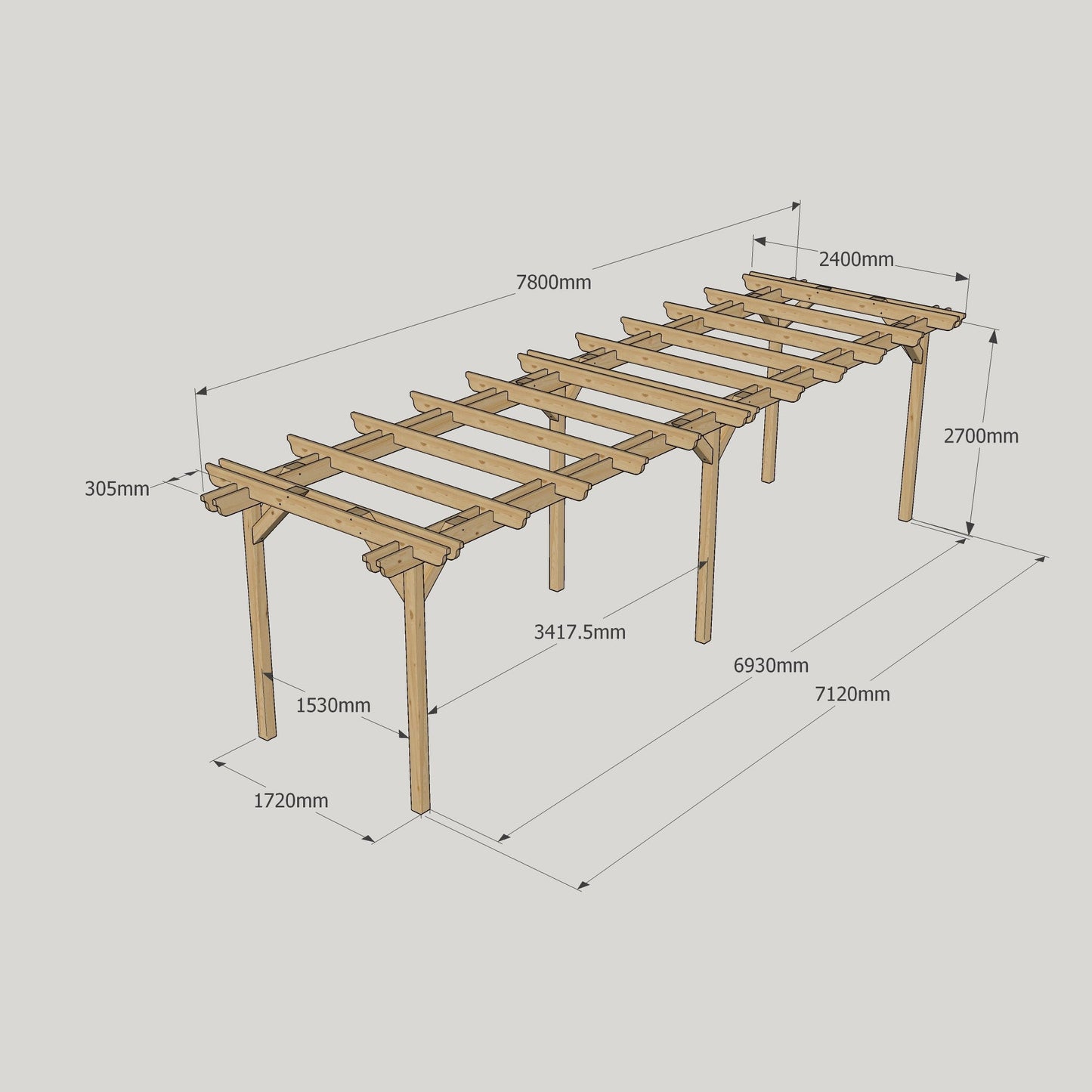 Freestanding Double Garden Pergola - Rustic Brown - 2.4m Width x 7.8m Length