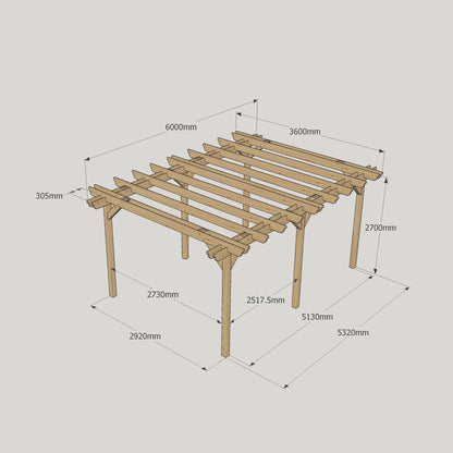 Freestanding Double Garden Pergola - Rustic Brown - 3.6m Width x 6m Length