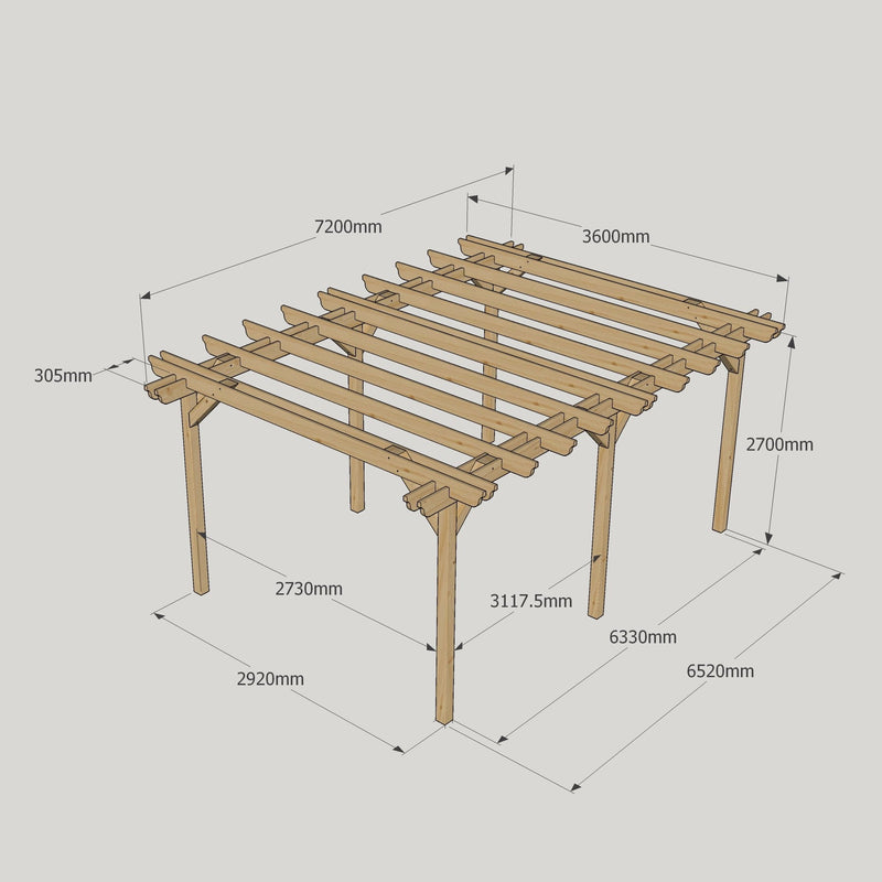 Freestanding Double Garden Pergola - Rustic Brown - 3.6m Width x 7.2m Length