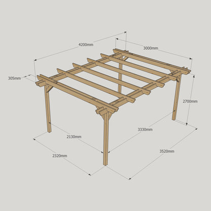 Freestanding Double Garden Pergola - Rustic Brown - 3m Width x 4.2m Length