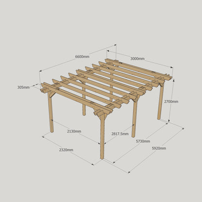 Freestanding Double Garden Pergola - Rustic Brown - 3m Width x 6.6m Length