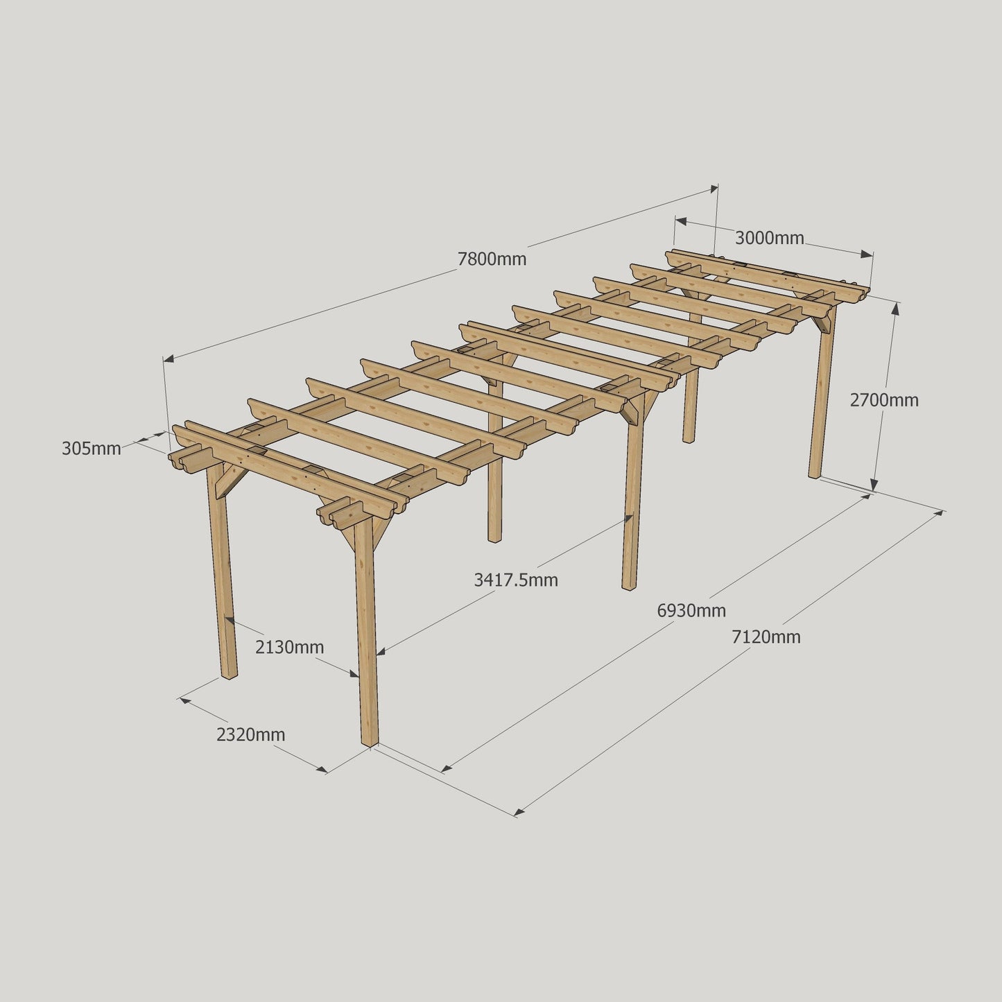 Freestanding Double Garden Pergola - Rustic Brown - 3m Width x 7.8m Length