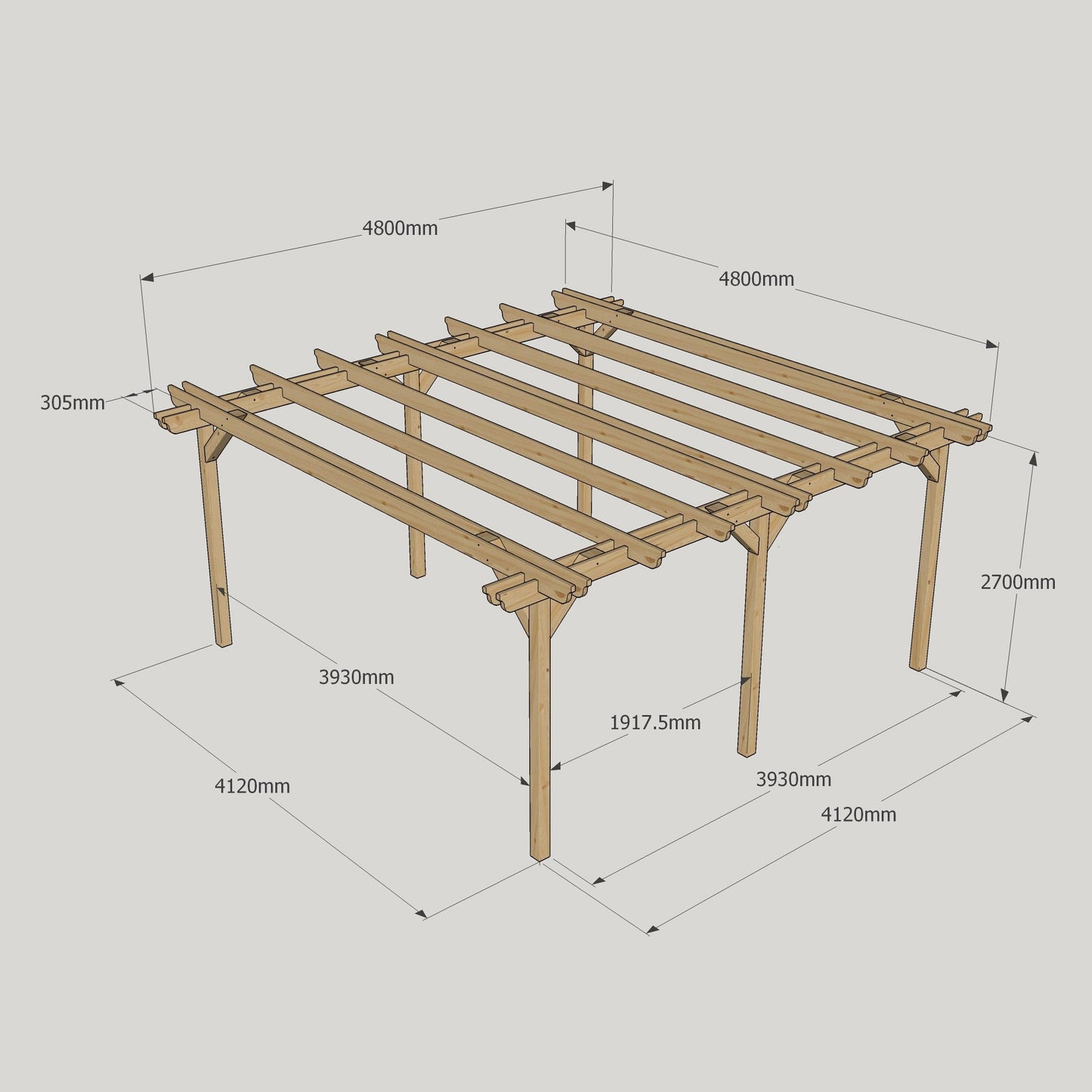 Freestanding Double Garden Pergola - Rustic Brown - 4.8m Width x 4.8m Length