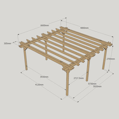 Freestanding Double Garden Pergola - Rustic Brown - 4.8m Width x 6.6m Length