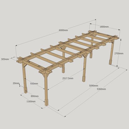 Freestanding Double Premium Pergola - Rustic Brown - 1.8m Width x 6m Length