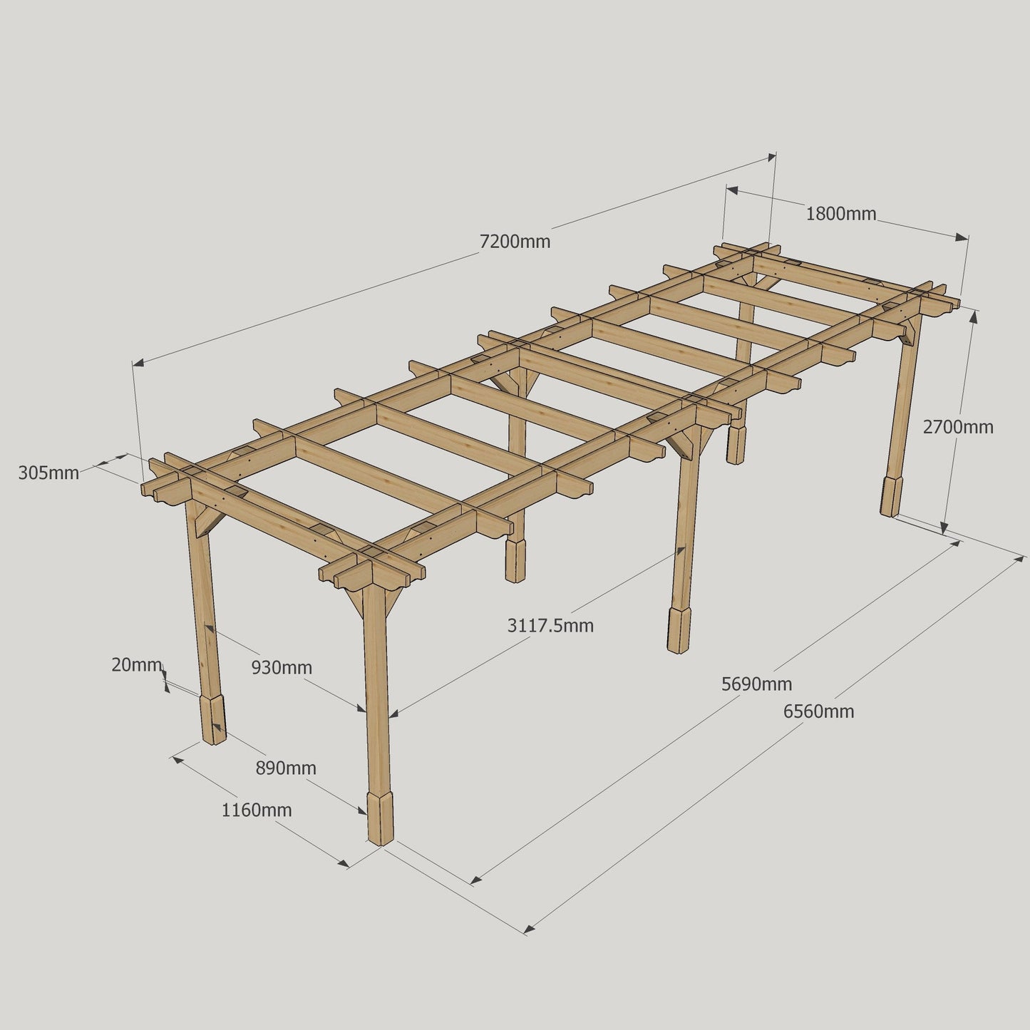 Freestanding Double Premium Pergola - Rustic Brown - 1.8m Width x 7.2m Length
