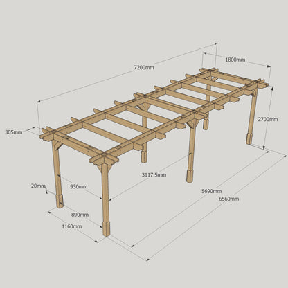 Freestanding Double Premium Pergola - Rustic Brown - 1.8m Width x 7.2m Length