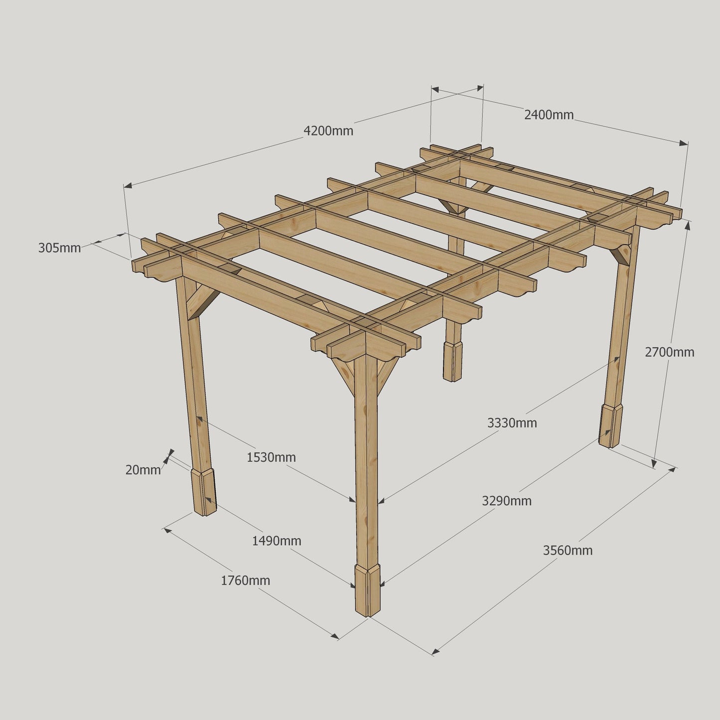 Freestanding Double Premium Pergola - Rustic Brown - 2.4m Width x 4.2m Length