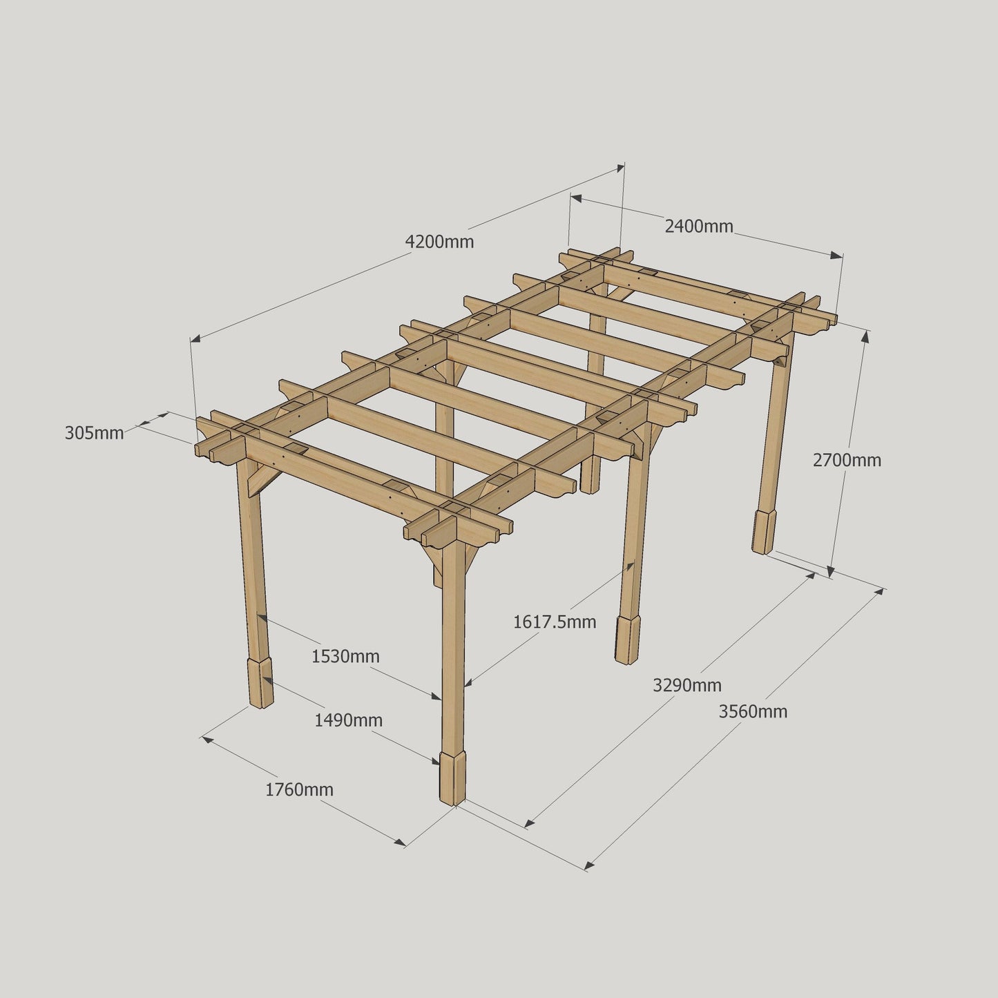 Freestanding Double Premium Pergola - Rustic Brown - 2.4m Width x 4.2m Length