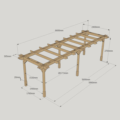 Freestanding Double Premium Pergola - Rustic Brown - 2.4m Width x 6.6m Length