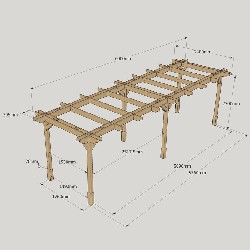 Freestanding Double Premium Pergola - Rustic Brown - 2.4m Width x 6m Length