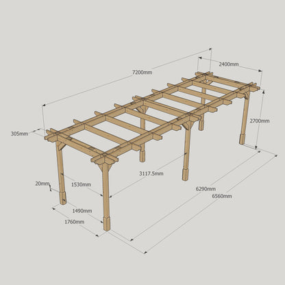 Freestanding Double Premium Pergola - Rustic Brown - 2.4m Width x 7.2m Length