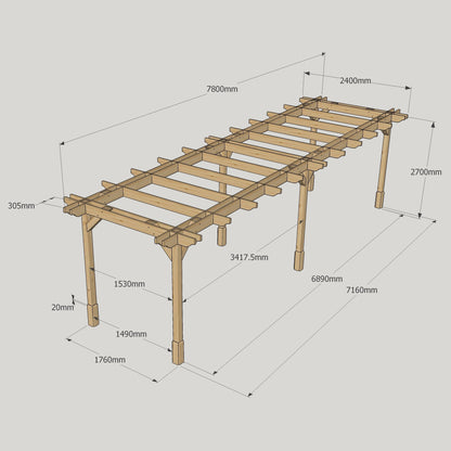 Freestanding Double Premium Pergola - Rustic Brown - 2.4m Width x 7.8m Length