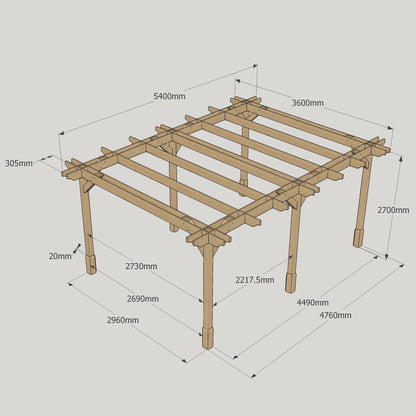 Freestanding Double Premium Pergola - Rustic Brown - 3.6m Width x 5.4m Length