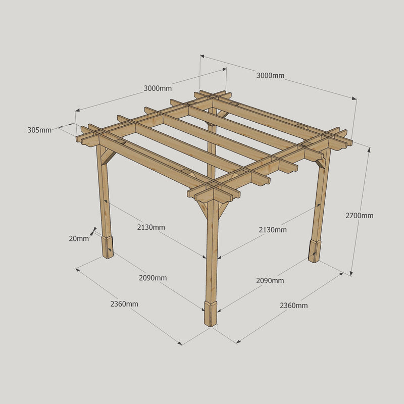 Freestanding Double Premium Pergola - Rustic Brown - 3m Width x 3m Length