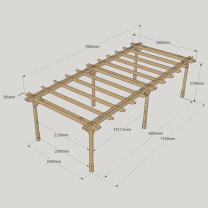 Freestanding Double Premium Pergola - Rustic Brown - 3m Width x 7.8m Length