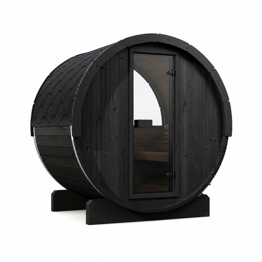 Barrel Sauna Ergo 150 — 1-2 Person Spruce Garden Sauna, 1.5m — black finish option — angle view 1