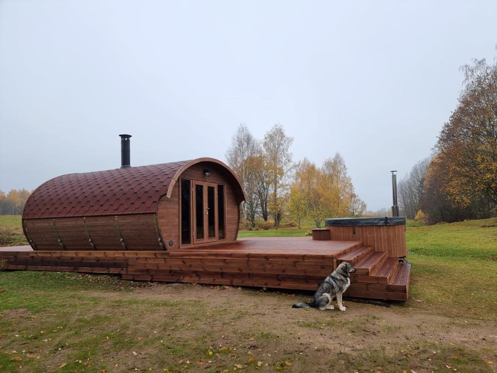 byron 400 pro thermowood with glass doors 6 person outdoor sauna studio changing room product exterior view — view 5