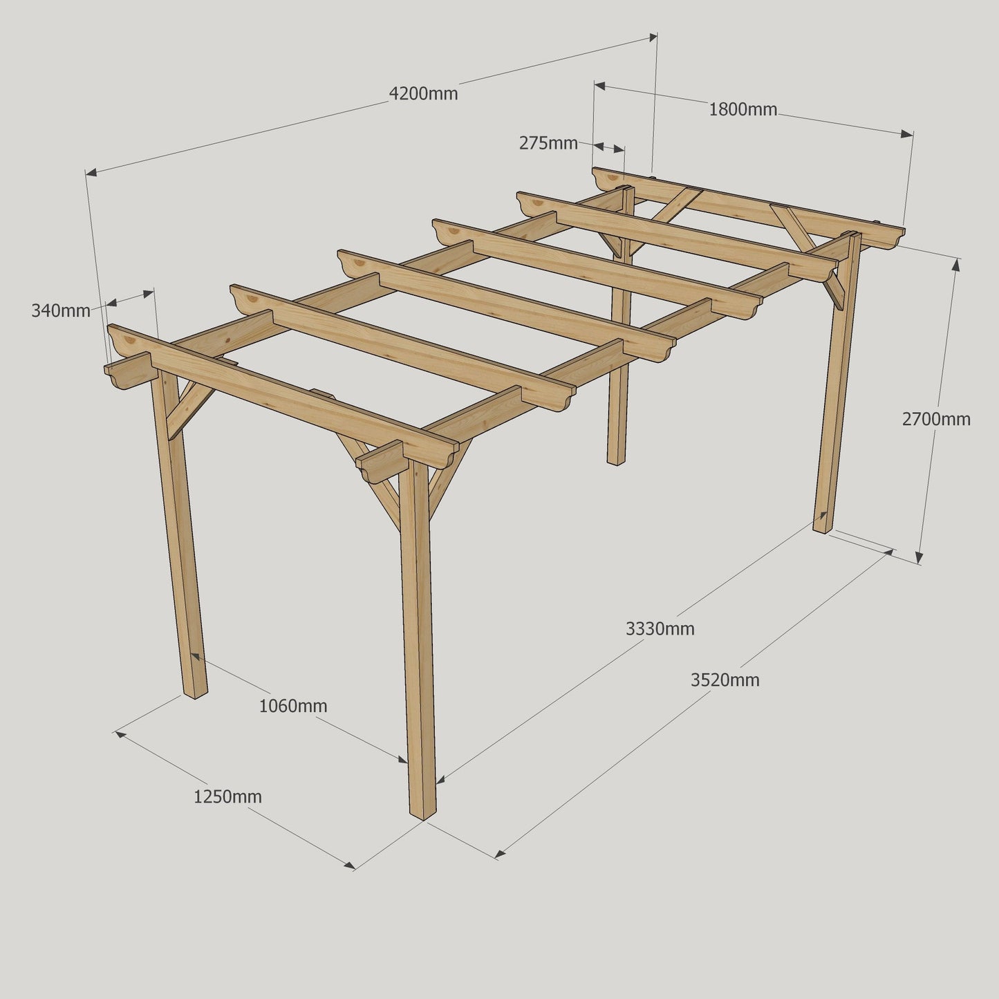 Freestanding Garden Pergola - Rustic Brown - 1.8m Width x 4.2m Length