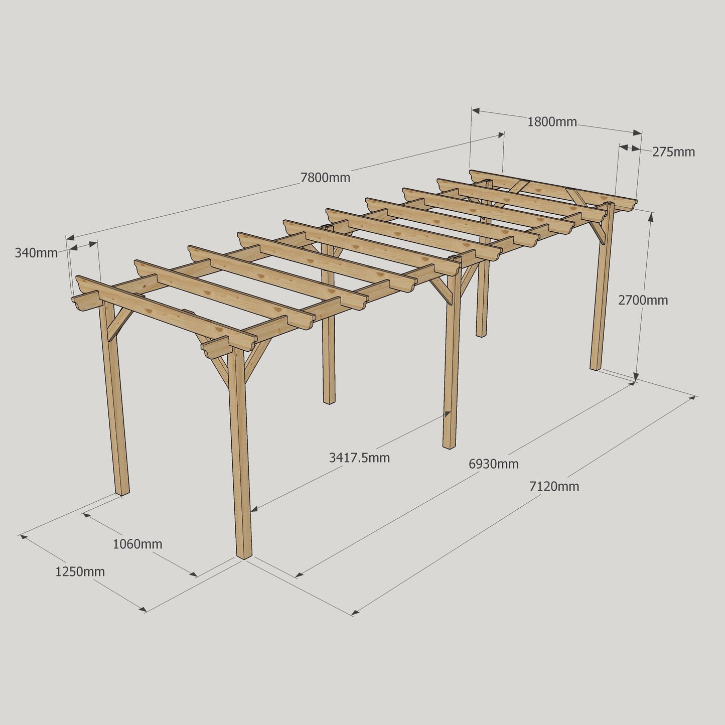Freestanding Garden Pergola - Rustic Brown - 1.8m Width x 7.8m Length