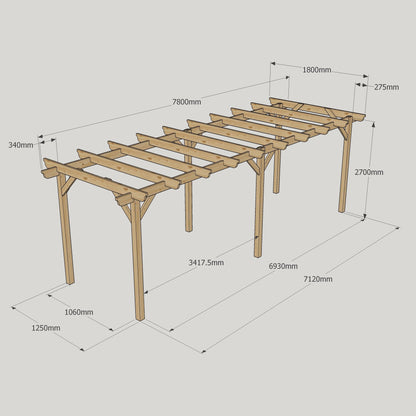 Freestanding Garden Pergola - Rustic Brown - 1.8m Width x 7.8m Length