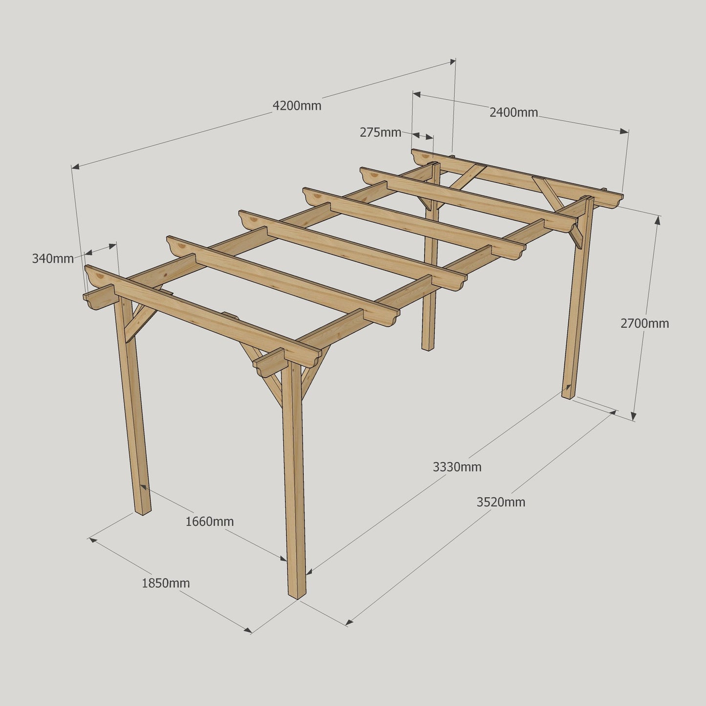Freestanding Garden Pergola - Rustic Brown - 2.4m Width x 4.2m Length