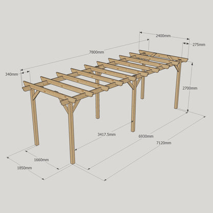 Freestanding Garden Pergola - Rustic Brown - 2.4m Width x 7.8m Length