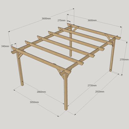 Freestanding Garden Pergola - Rustic Brown - 3.6m Width x 3.6m Length