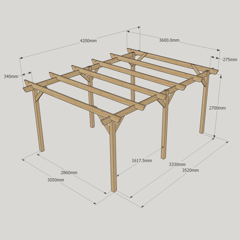 Freestanding Garden Pergola - Rustic Brown - 3.6m Width x 4.2m Length