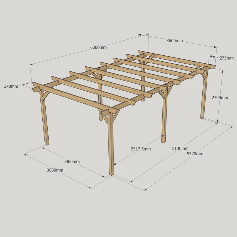 Freestanding Garden Pergola - Rustic Brown - 3.6m Width x 6m Length