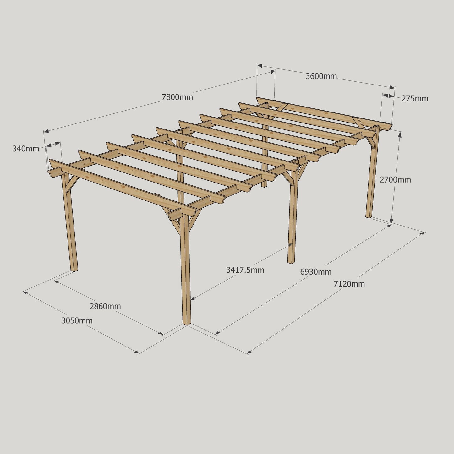 Freestanding Garden Pergola - Rustic Brown - 3.6m Width x 7.8m Length