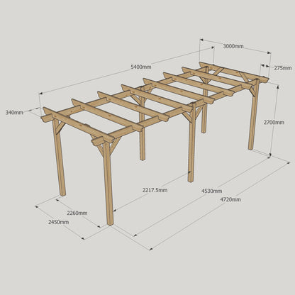 Freestanding Garden Pergola - Rustic Brown - 3m Width x 5.4m Length