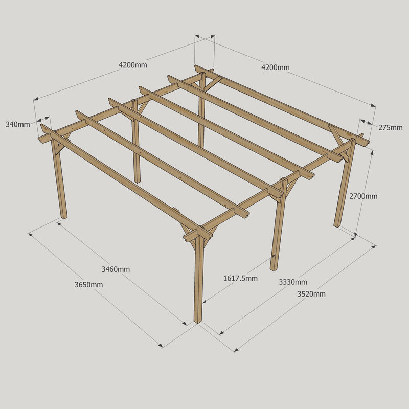 Freestanding Garden Pergola - Rustic Brown - 4.2m Width x 4.2m Length