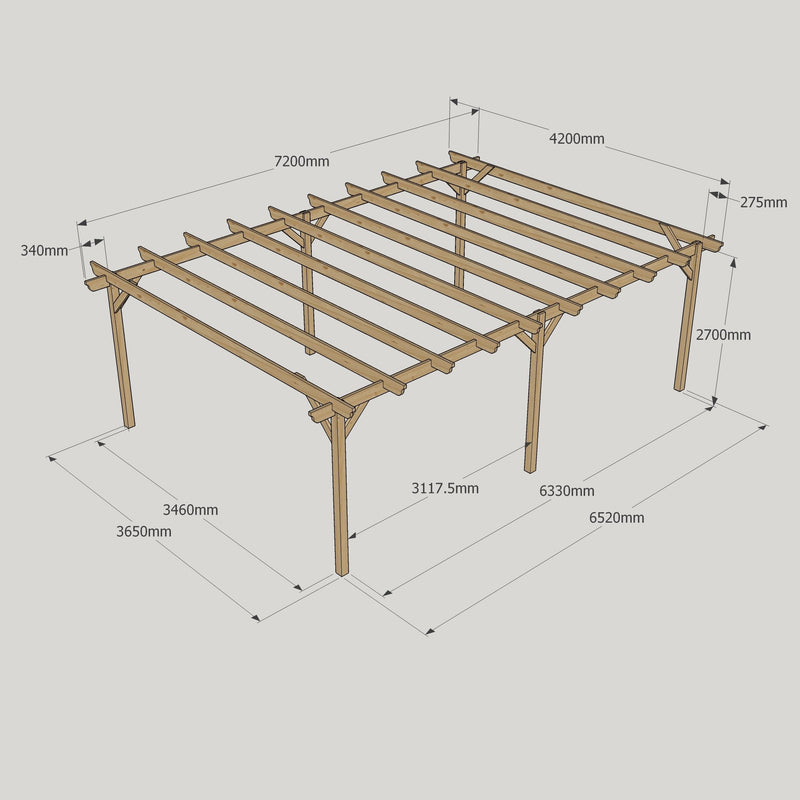 Freestanding Garden Pergola - Rustic Brown - 4.2m Width x 7.2m Length