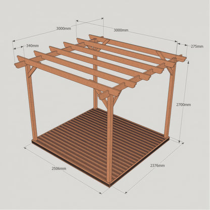 Freestanding Garden Pergola with Decking - Rustic Brown - 3m Width x 3m Length