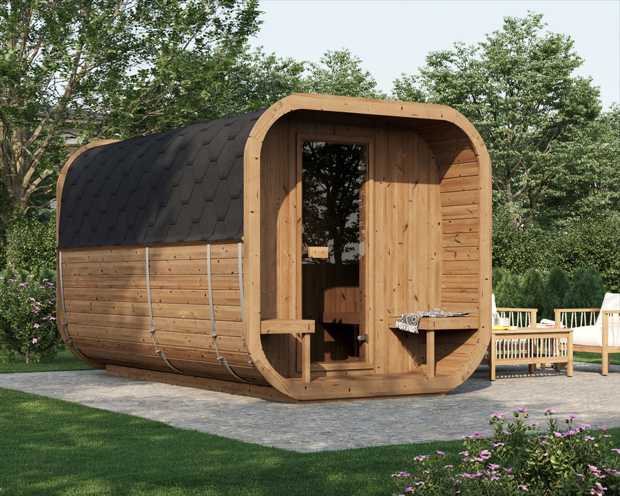 beacon 385 pro thermowood 6 person outdoor cube sauna with terrace changing room product exterior view — view 10