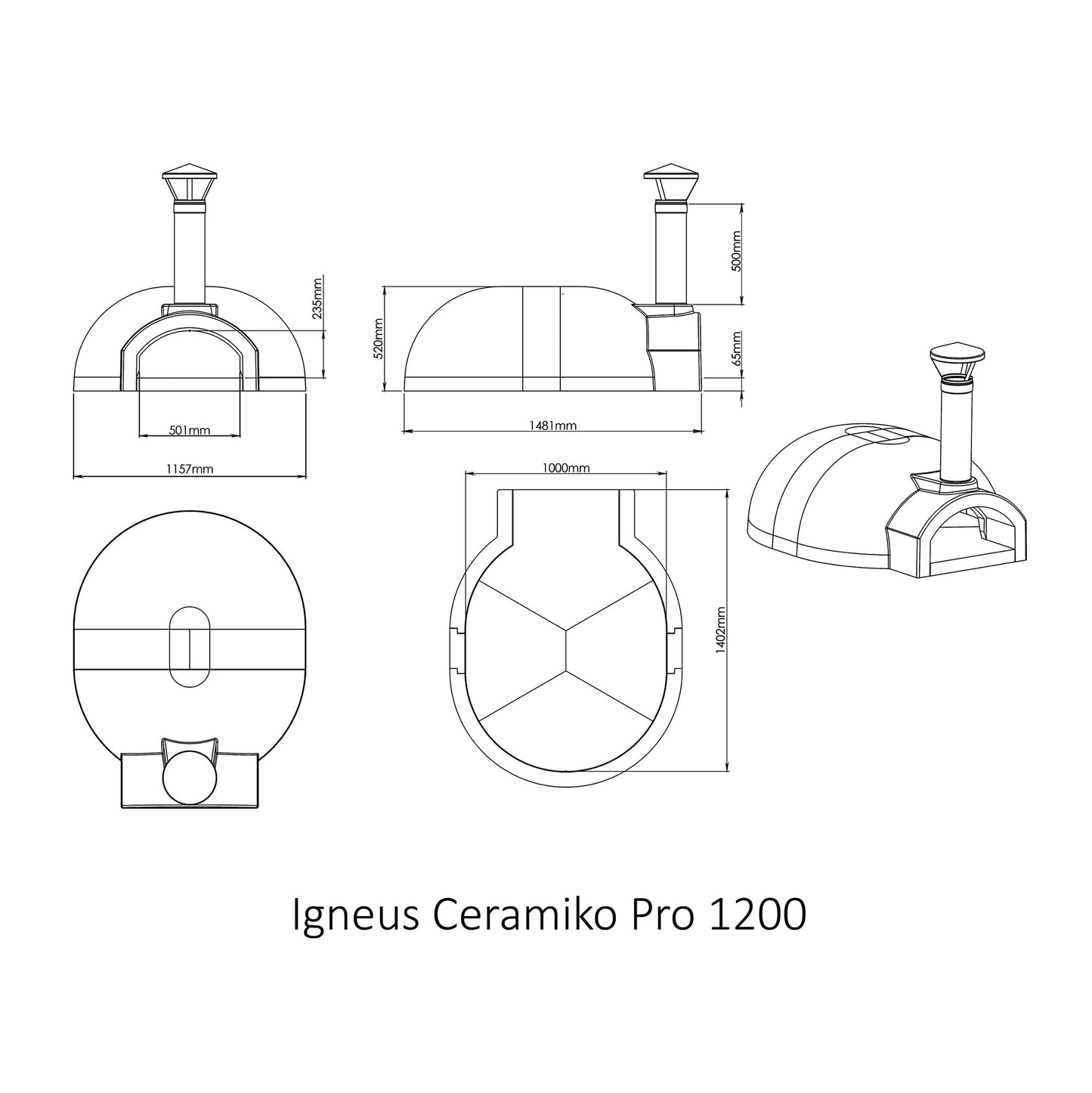 igneus ceramiko pro 1200 wood fired pizza oven dimensions diagram