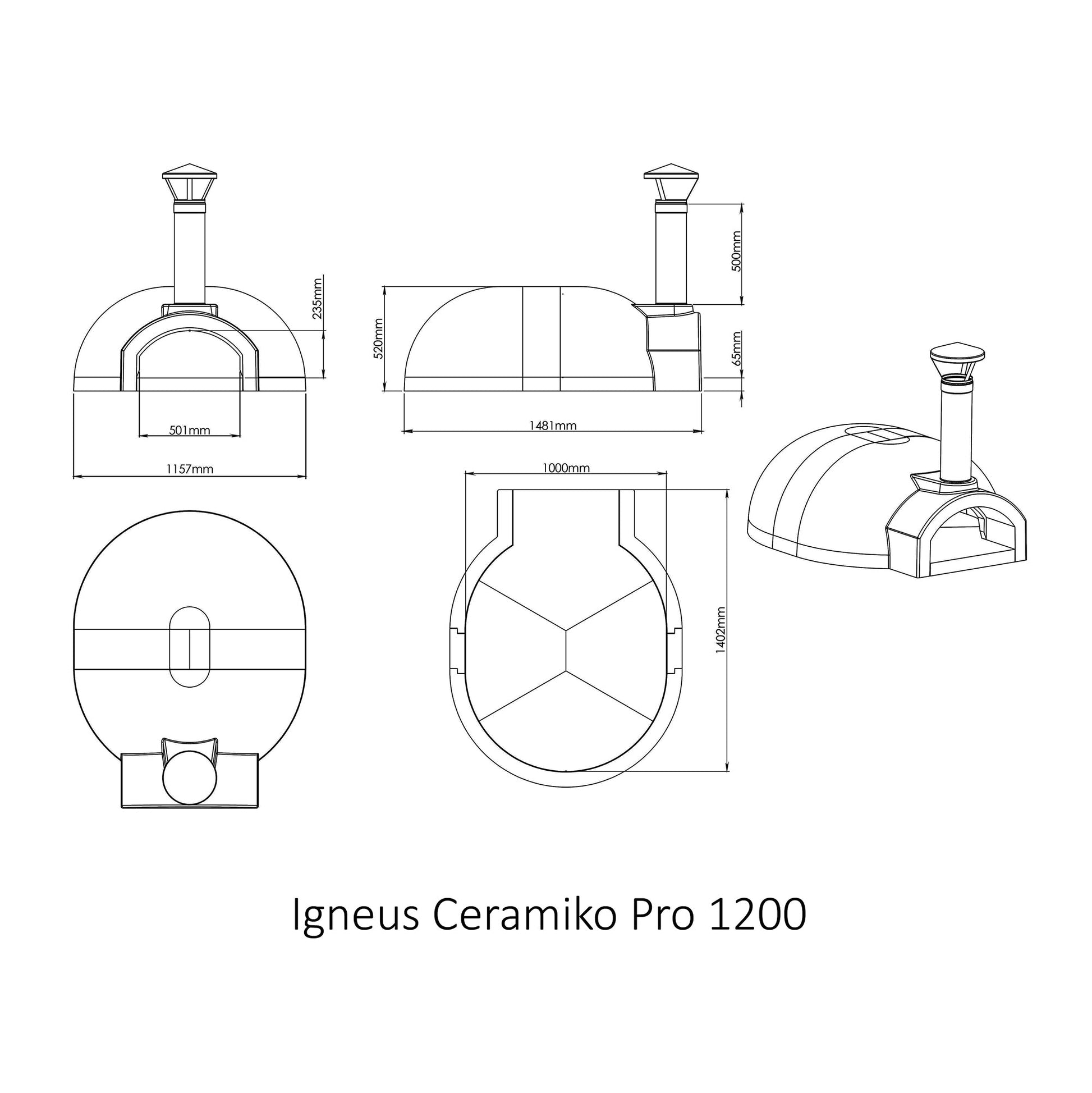 igneus ceramiko pro 1200 wood fired pizza oven dimensions diagram