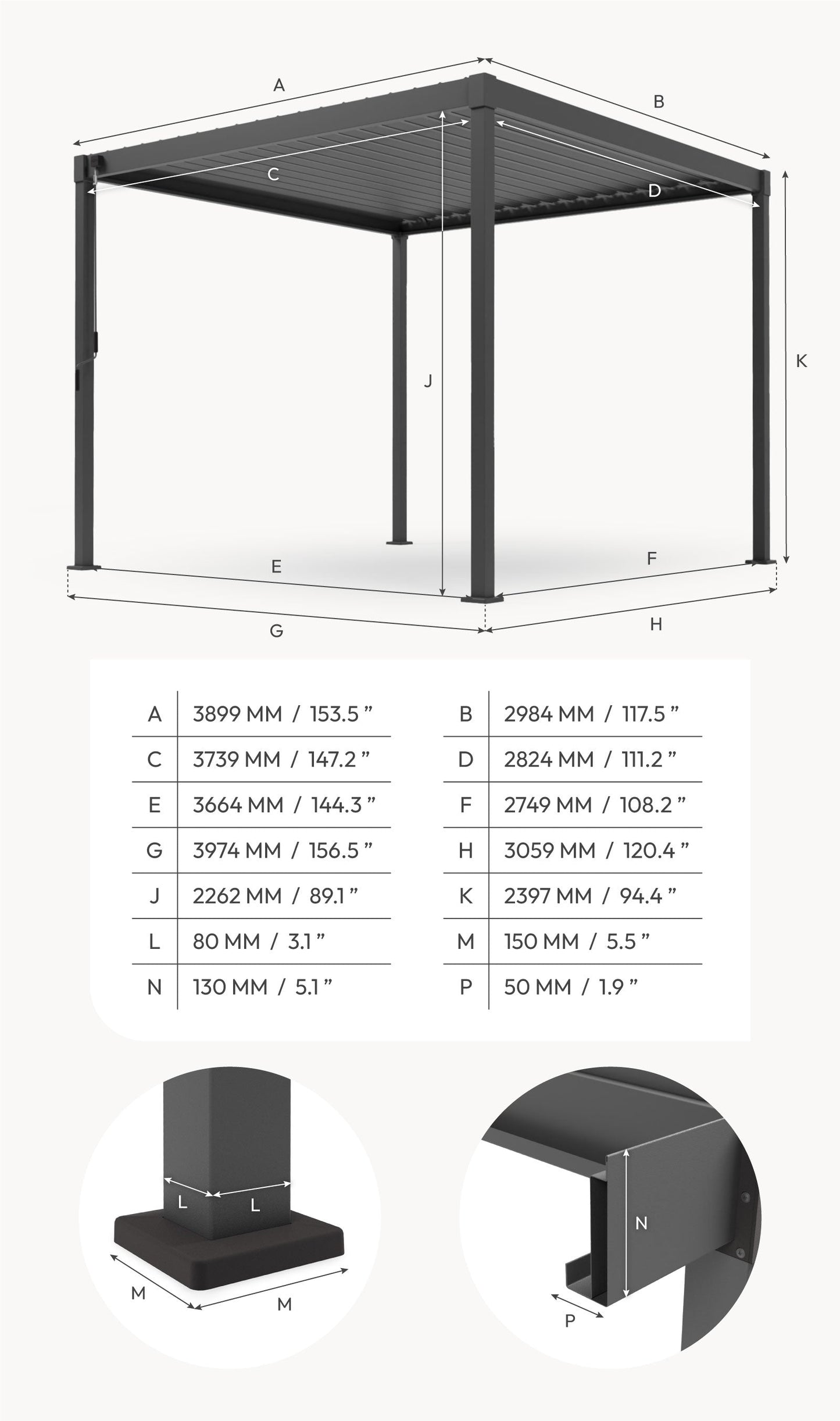 Luna Aluminium Pergola | Manually Operated Louvres | Multiple Sizes | Grey