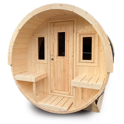 charnia 280 classic 6 person outdoor barrel sauna with terrace product exterior view — view 10