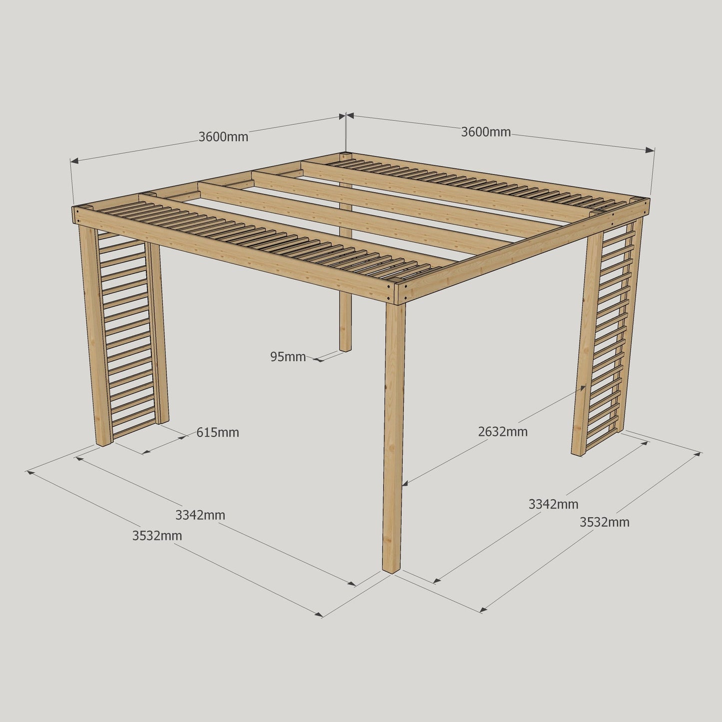 Freestanding Panel Pergola - Rustic Brown - 3.6m Width x 3.6m Length