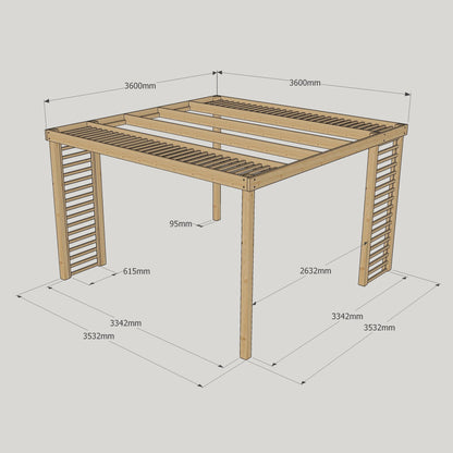 Freestanding Panel Pergola - Rustic Brown - 3.6m Width x 3.6m Length