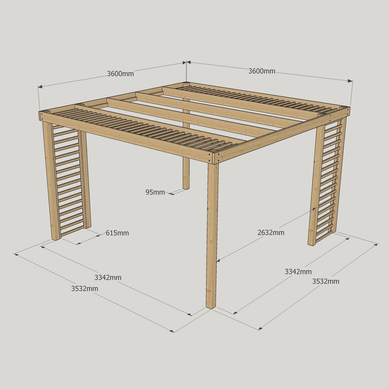 Freestanding Panel Pergola - Rustic Brown - 3.6m Width x 3.6m Length