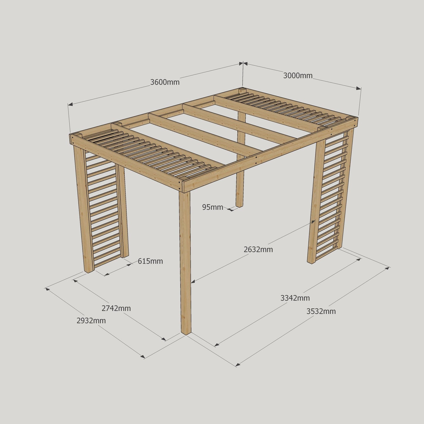 Freestanding Panel Pergola - Rustic Brown - 3m Width x 3.6m Length
