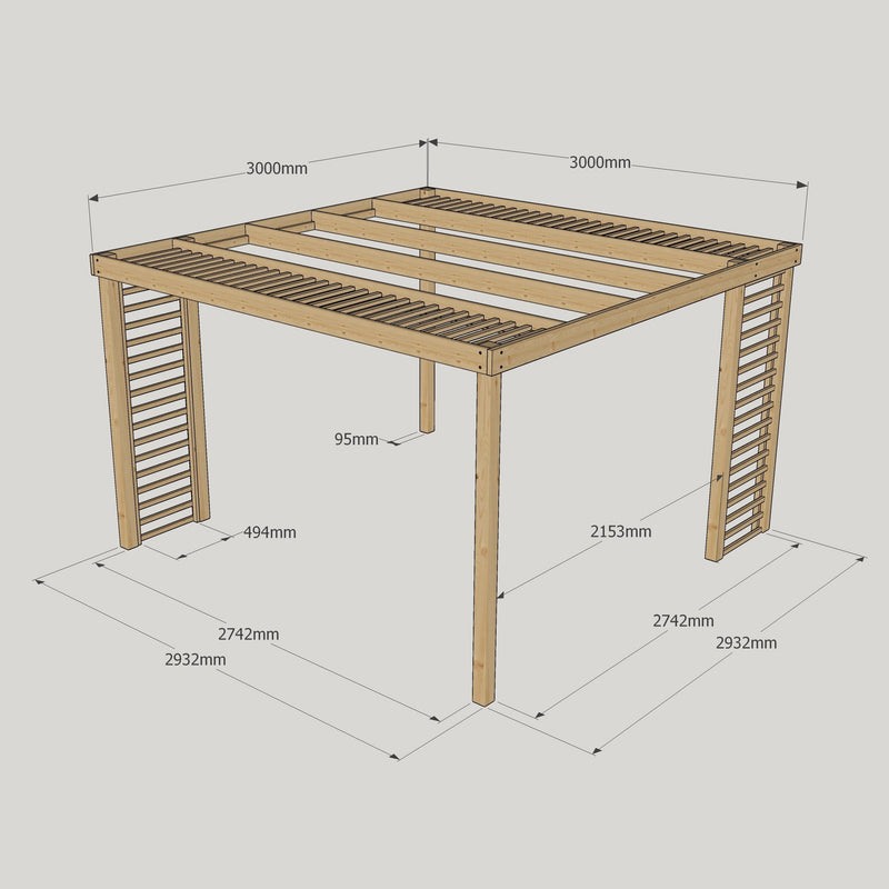 Freestanding Panel Pergola - Rustic Brown - 3m Width x 3m Length